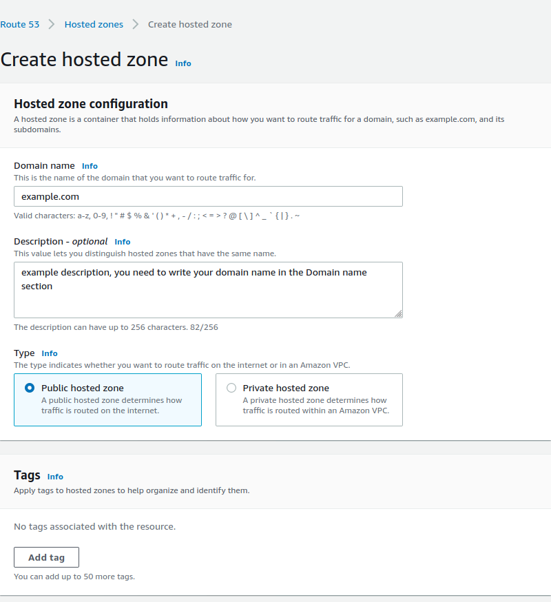 Route 53 Console Hosted Zones Create form