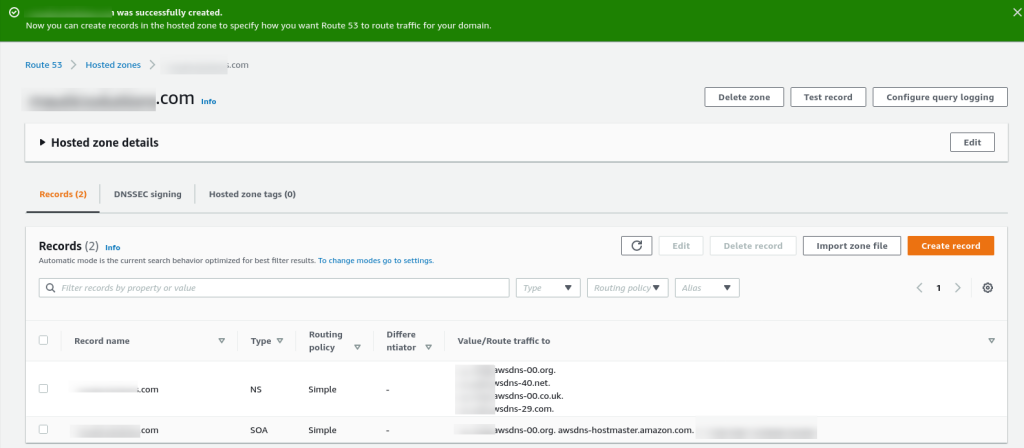 aws consoel hosted zone list