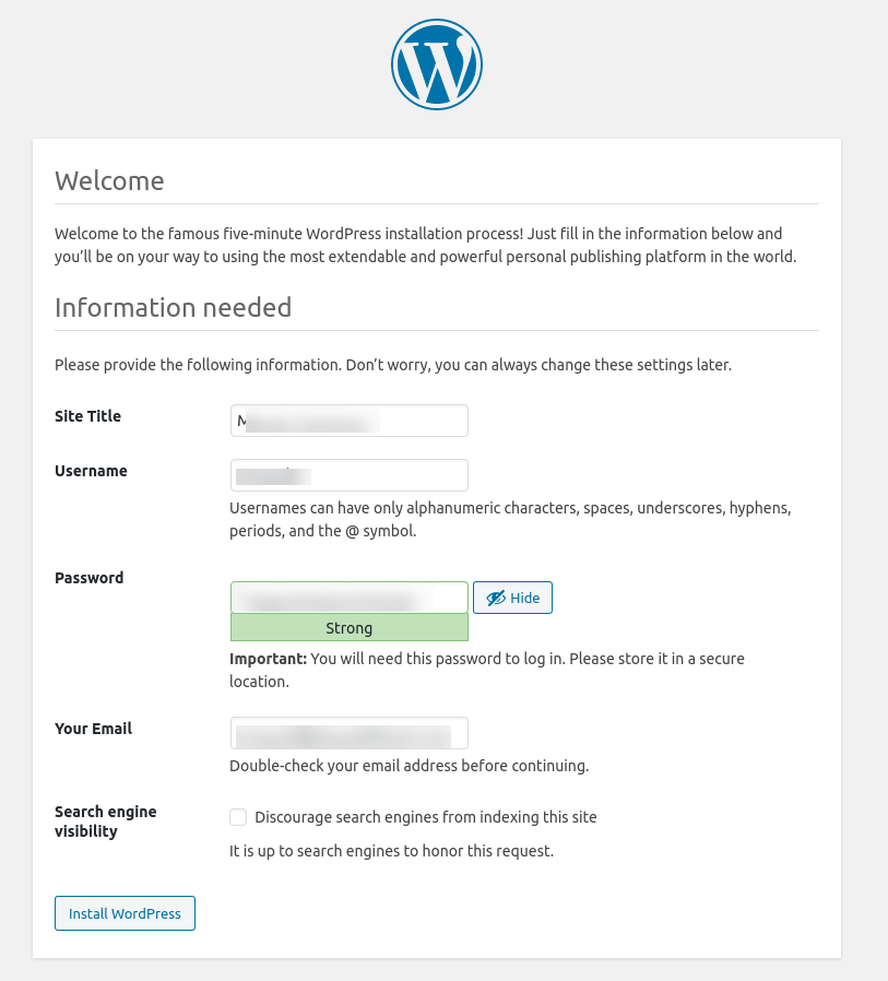 Wordpress install site details