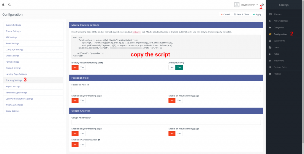 Mautic trackign script