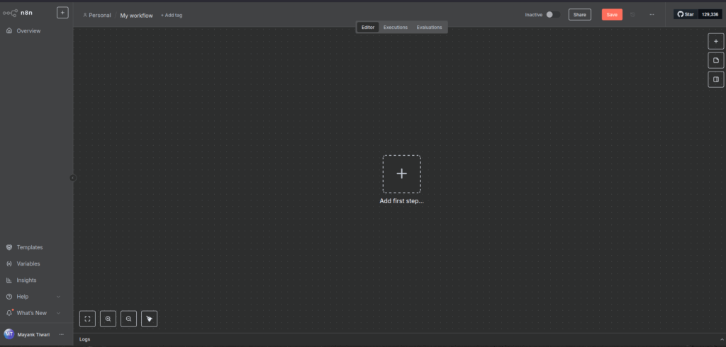 Empty workflow layout of n8n