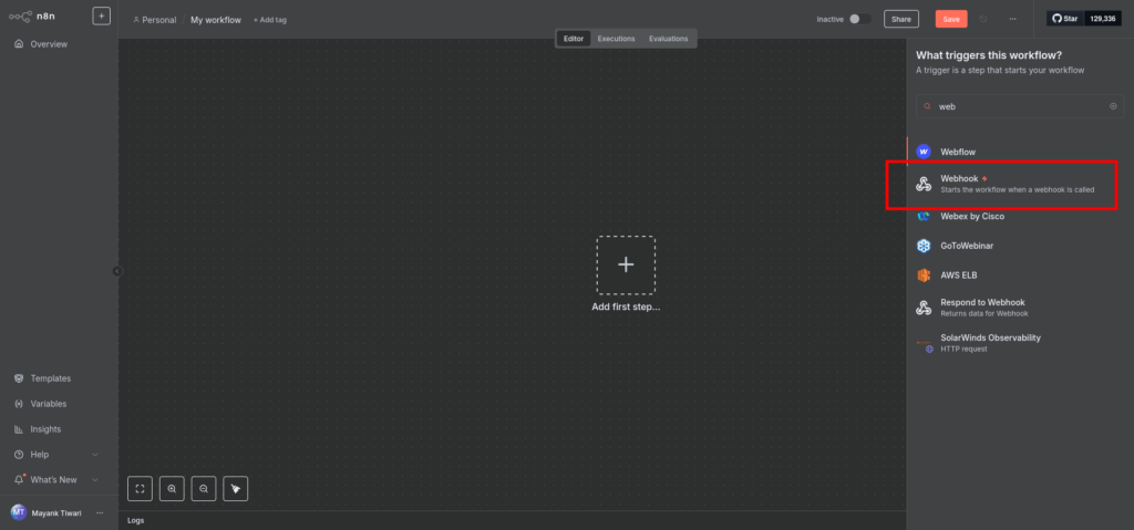 Add webhook node